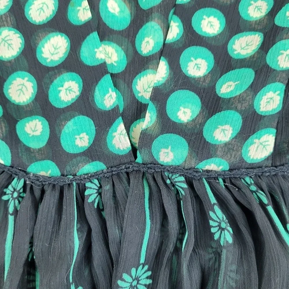 Forever black green deep V sheer tunic blouse puff sleeves whimsigoth boho S
